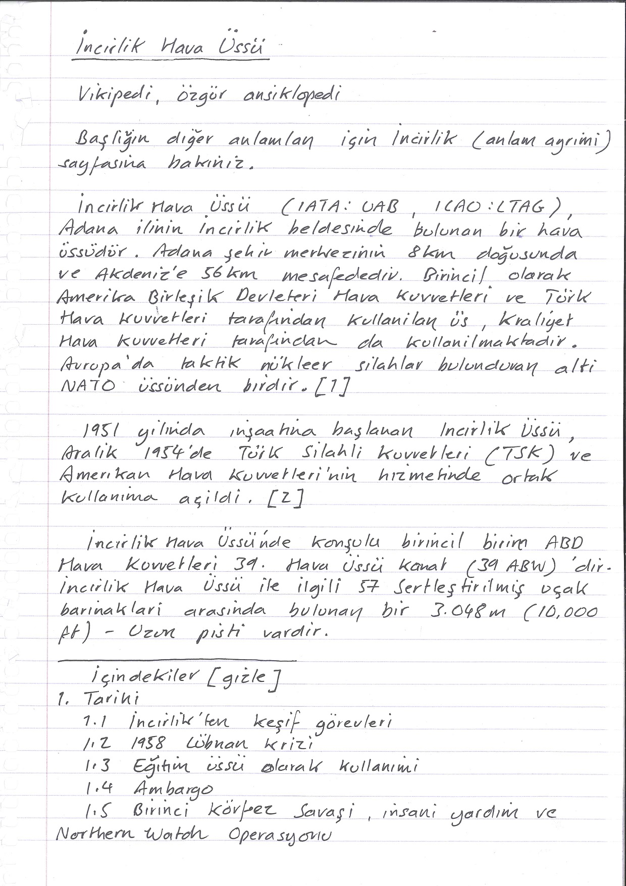 Incirlik Air Base, handwritten